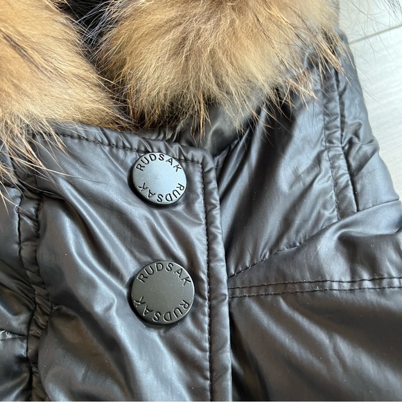 RUDSAK Mid Length Black Puffer Winter Coat Fur Hood Leather Trim - Picture 3 of 14